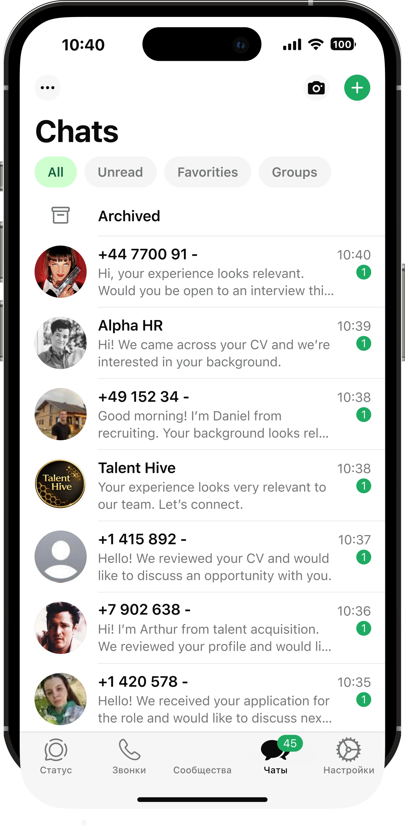 iPhone mockup showing recruiter messages inviting a candidate to interview